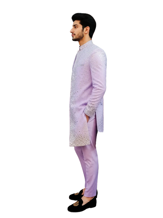 Luxury Lavender Mirror Work Sherwani for Men – Designer Wedding & Festive Ethnic Wear