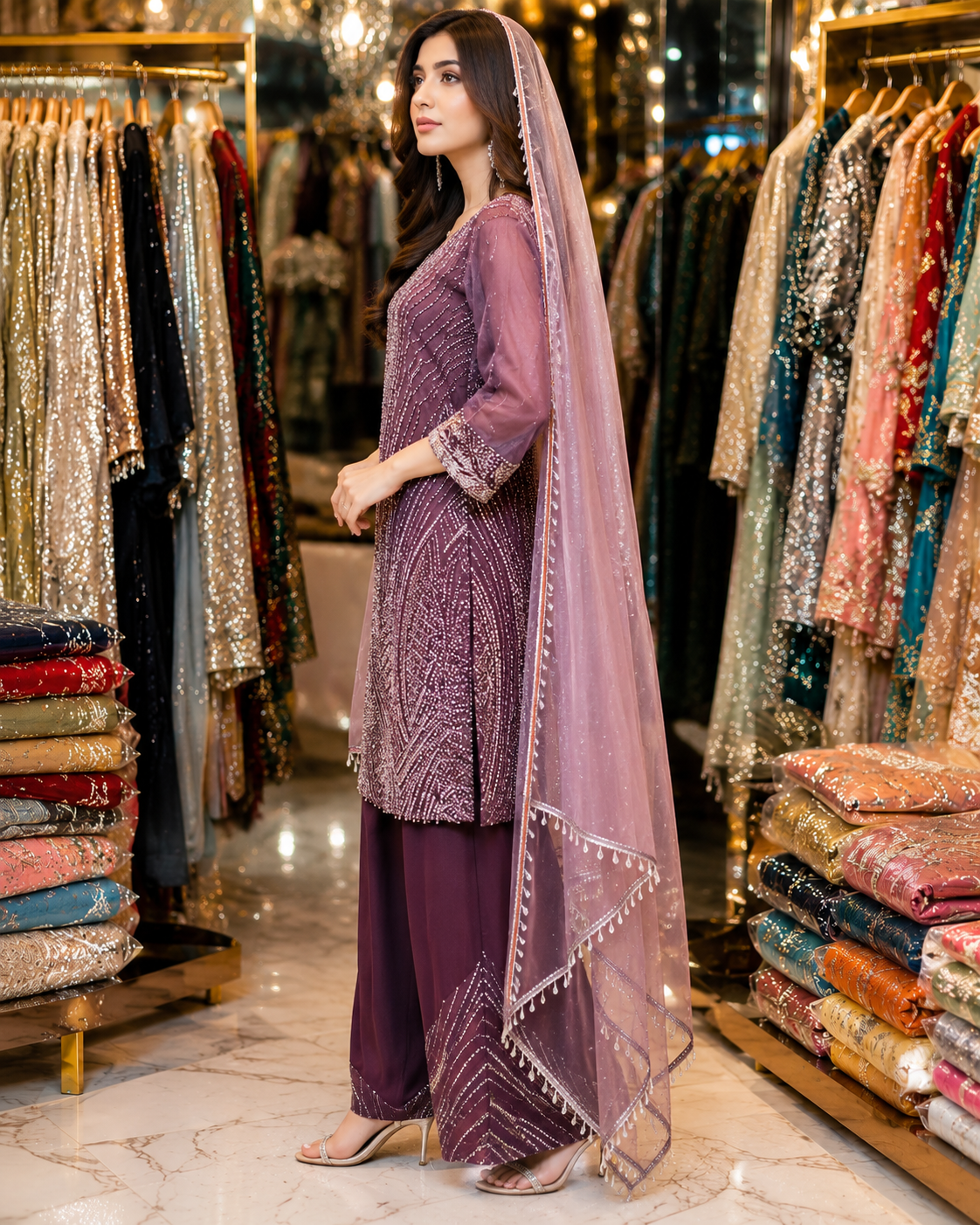 Dusty Violet Pakistani Style Embroidered Kurta Set with Wide-Leg Palazzo