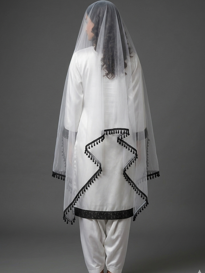 Elegant White Silk Salwar Suit Set with Contrasting Black Lace Trim & Matching Net Dupatta