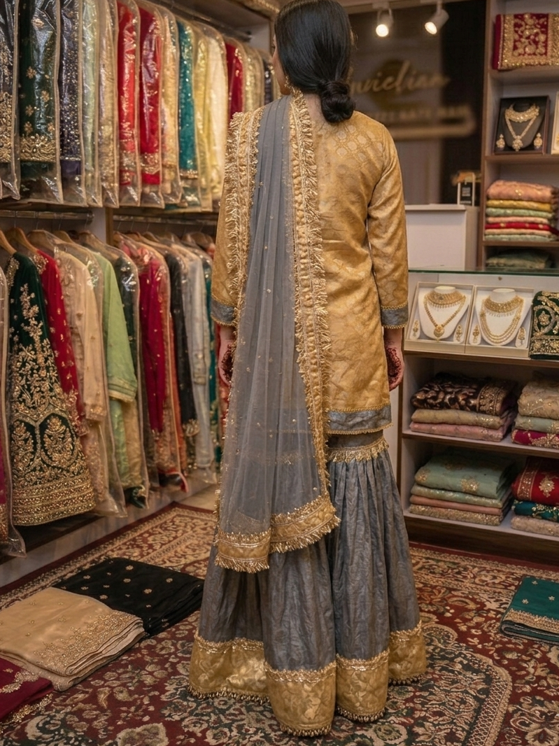 Stunning Ethnic Glamour: Beautiful Mustard Silk Kurti with Metallic Grey Gharara and Sheer Net Dupatta