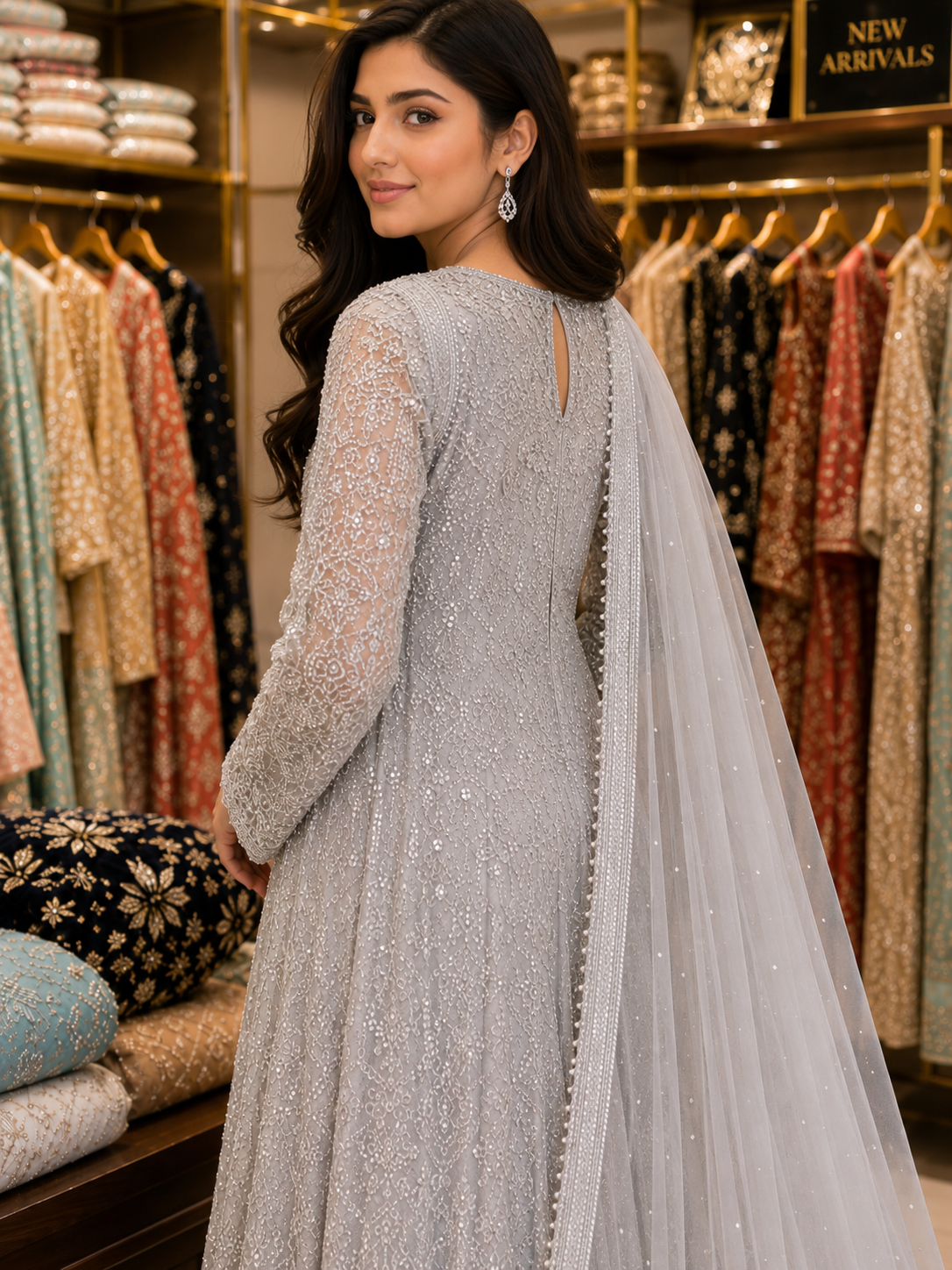 Elegant Silver Grey Embroidered Pakistani Wedding Formal Dress for Women | Luxury Net Maxi with Dupatta | Party Wear Eid Collection