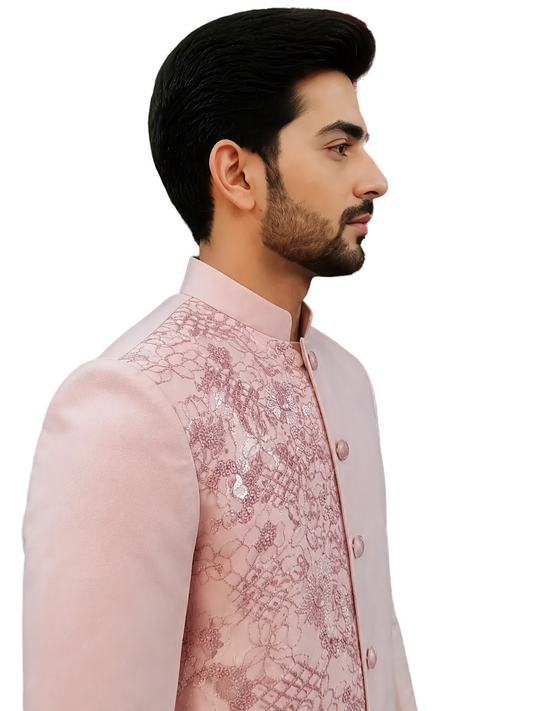 Elegant Blush Pink Embroidered Prince Coat Set