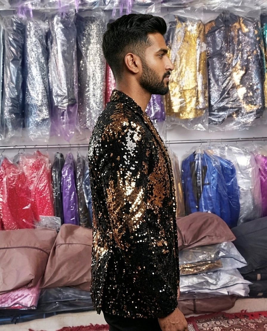 Luxury Black & Gold Sequin Designer Blazer for Men | Premium Party Wear Sparkle Tuxedo Jacket