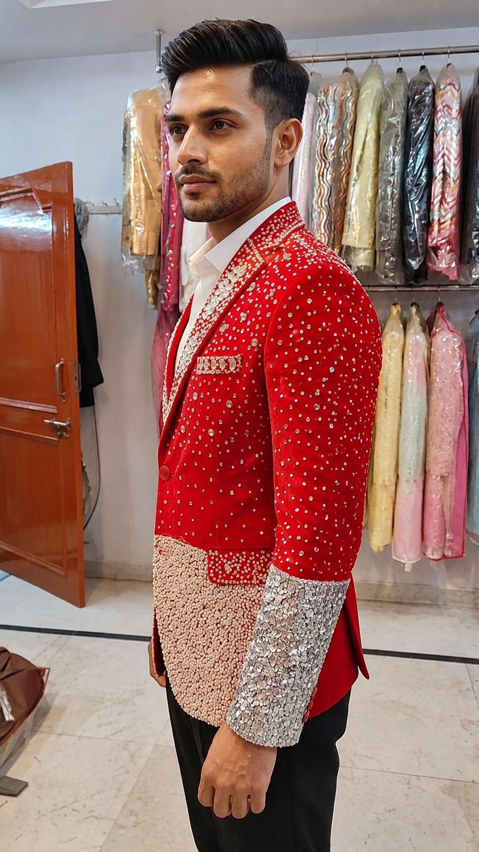 Luxury Red Crystal Embellished Designer Blazer for Men | Premium Wedding & Party Wear Tuxedo Jacket