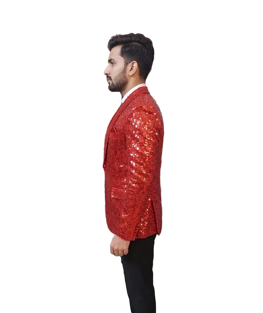 Royal Red Sequin Tuxedo Blazer for Men | Luxury Party Wear Wedding Reception & Stage Performance Coat with Black Satin Lapel