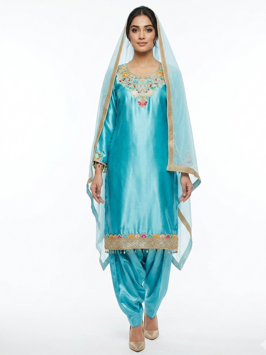 Blue Silk Patiala Salwar Suit Featuring Intricate Floral Resham & Zari Embroidery for Weddings and Festivals