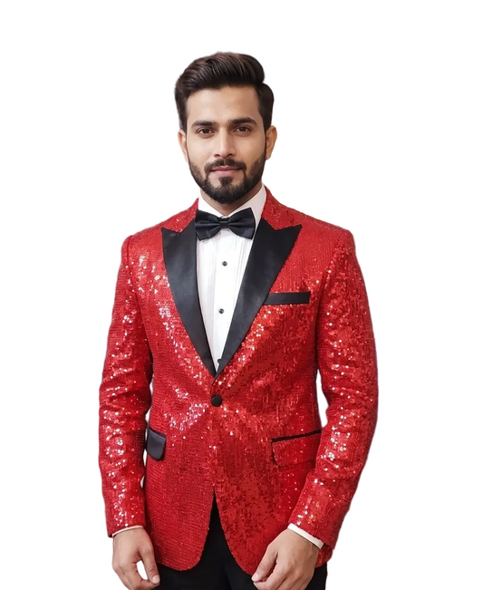 Royal Red Sequin Tuxedo Blazer for Men | Luxury Party Wear Wedding Reception & Stage Performance Coat with Black Satin Lapel