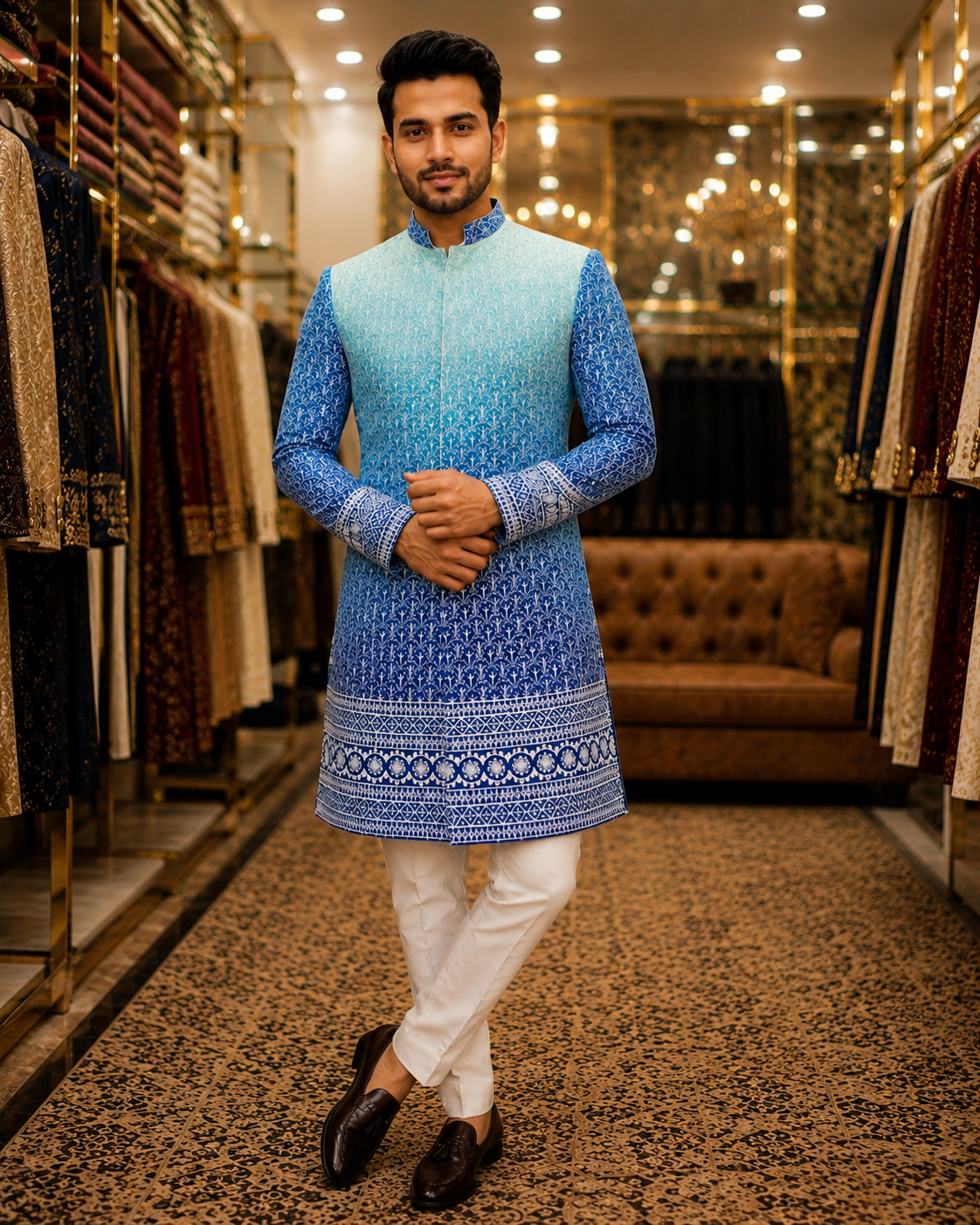 Royal Blue Ombre Sherwani for Men | Designer Wedding Sherwani – SB SABRAHAD
