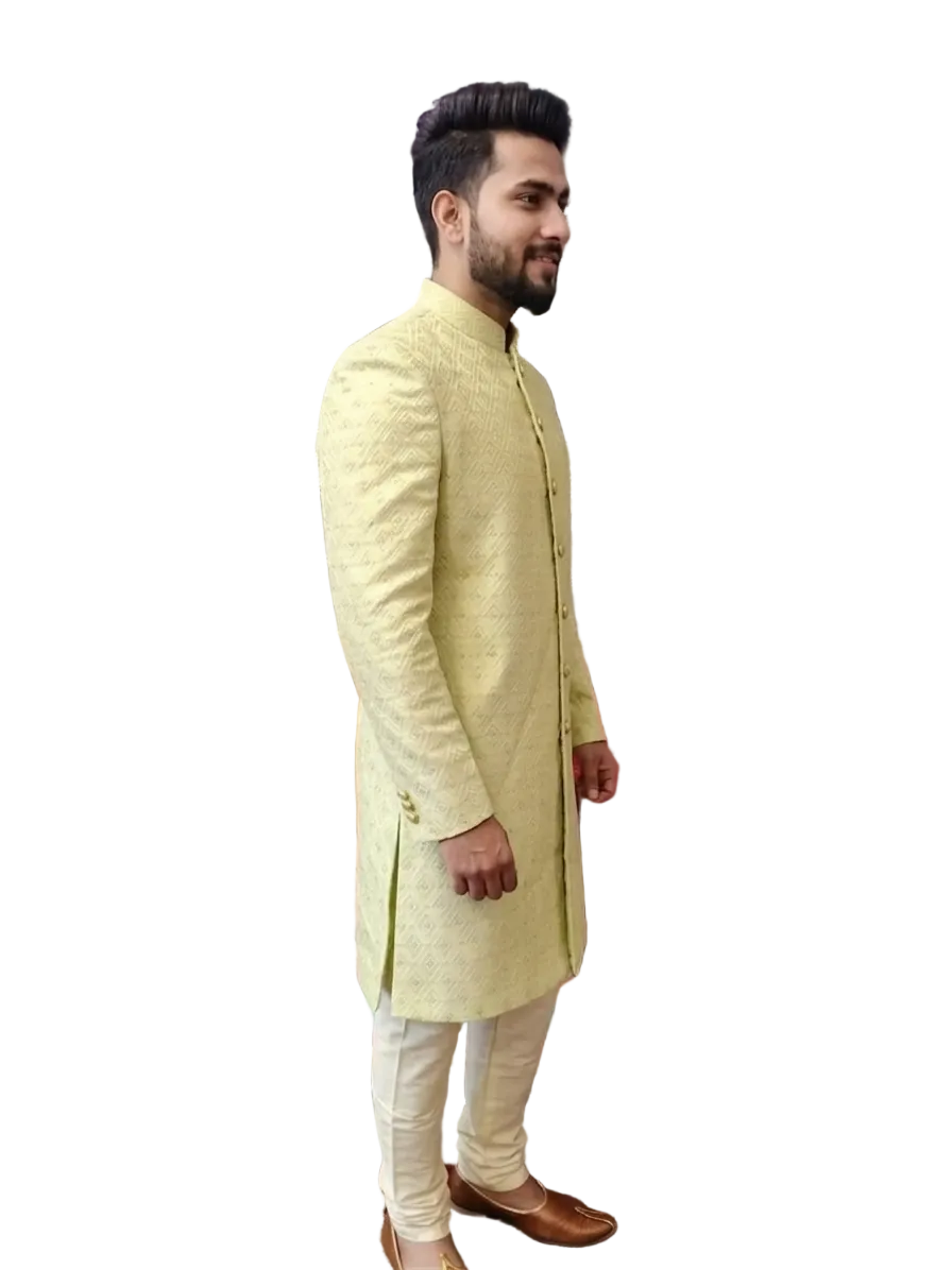 Elegant Pistachio Green Jacquard Sherwani for Men – Designer Wedding & Festive Wear