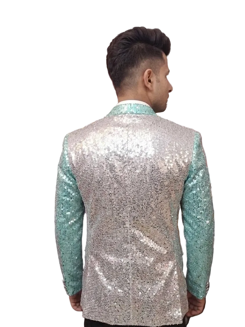 Silver & Mint Green Sequin Blazer – Trendy Party Wear for Men