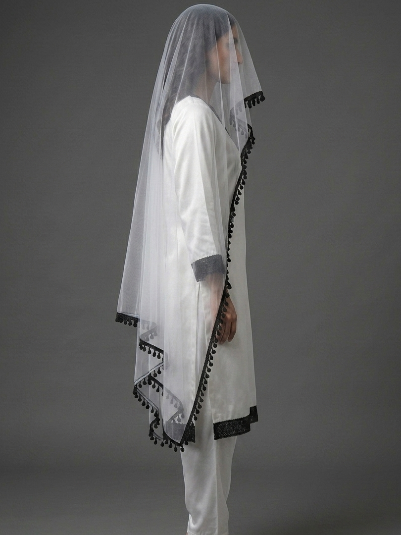 Elegant White Silk Salwar Suit Set with Contrasting Black Lace Trim & Matching Net Dupatta