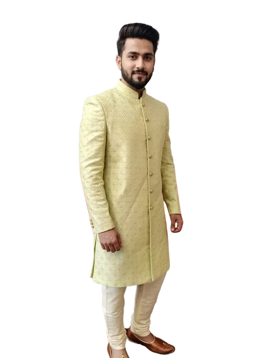 Elegant Pistachio Green Jacquard Sherwani for Men – Designer Wedding & Festive Wear