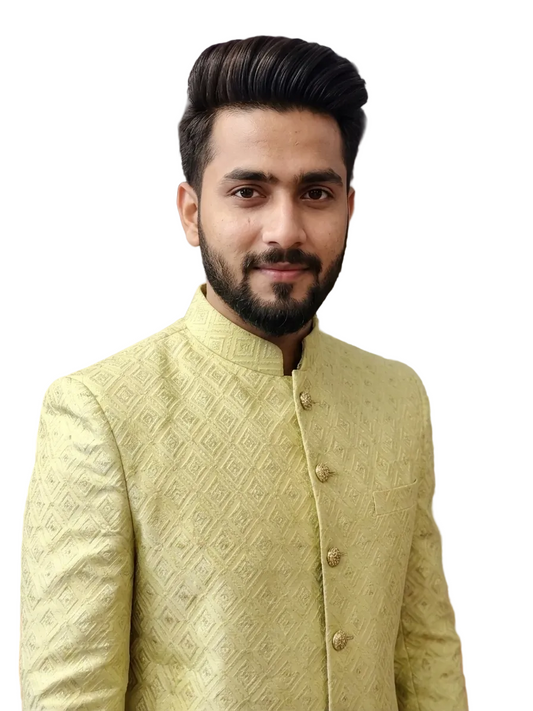 Elegant Pistachio Green Jacquard Sherwani for Men – Designer Wedding & Festive Wear