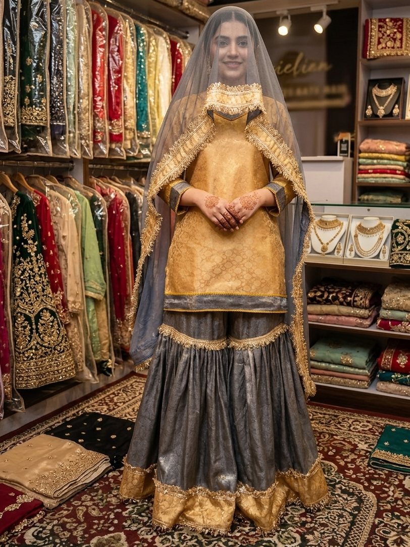 Stunning Ethnic Glamour: Beautiful Mustard Silk Kurti with Metallic Grey Gharara and Sheer Net Dupatta