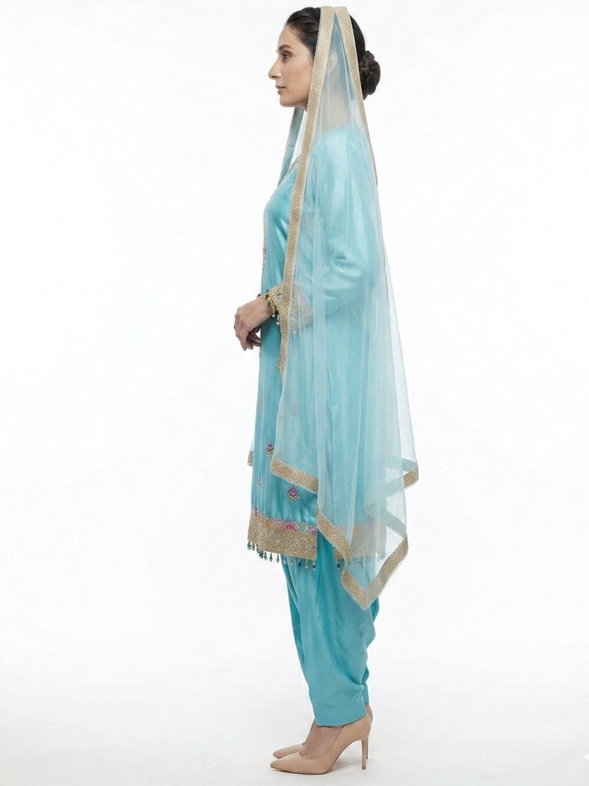 Blue Silk Patiala Salwar Suit Featuring Intricate Floral Resham & Zari Embroidery for Weddings and Festivals