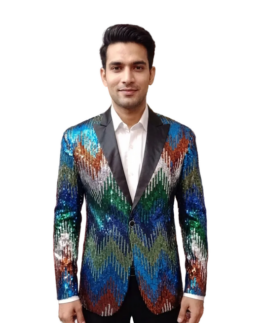 Premium Multicolor Sequin Party Blazer for Men | Luxury Designer Shimmer Tuxedo Jacket for Weddings & Events
