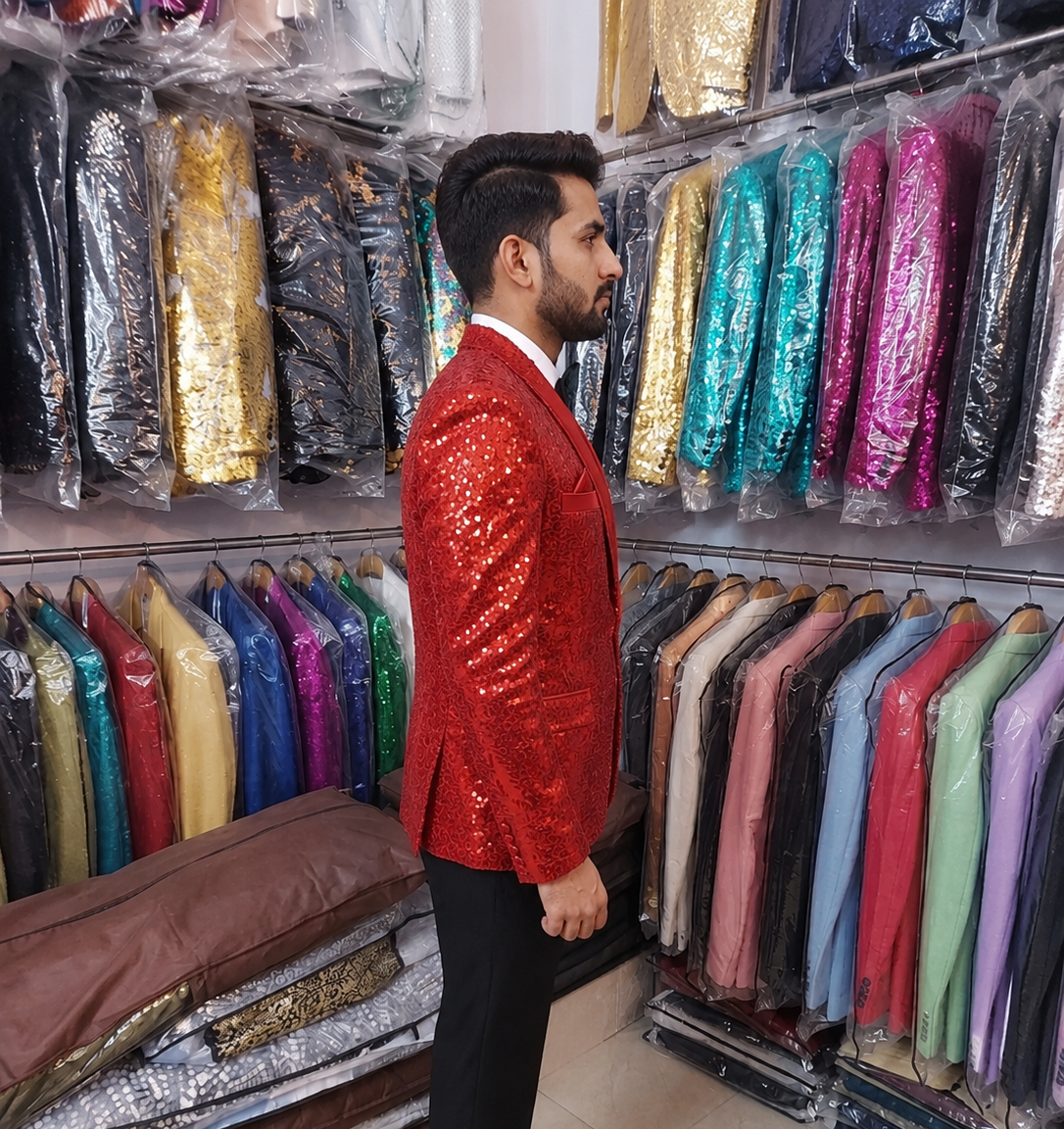 Royal Red Sequin Tuxedo Blazer for Men | Luxury Party Wear Wedding Reception & Stage Performance Coat with Black Satin Lapel