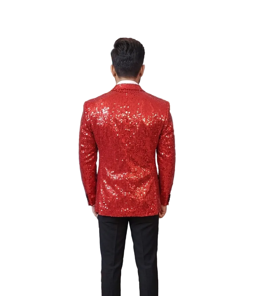 Royal Red Sequin Tuxedo Blazer for Men | Luxury Party Wear Wedding Reception & Stage Performance Coat with Black Satin Lapel