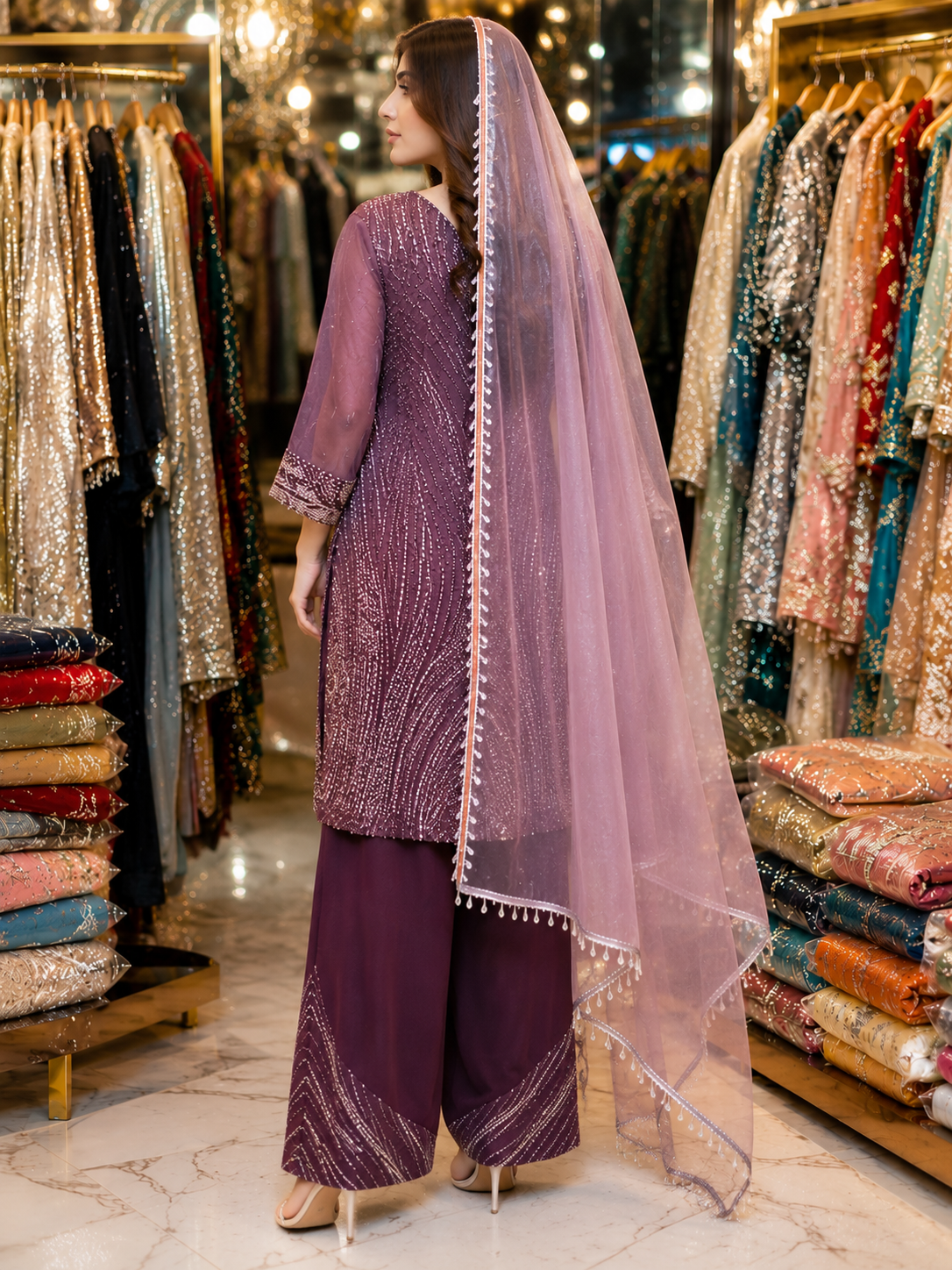 Dusty Violet Pakistani Style Embroidered Kurta Set with Wide-Leg Palazzo
