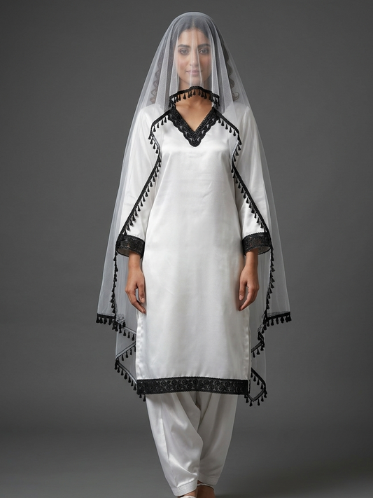 Elegant White Silk Salwar Suit Set with Contrasting Black Lace Trim & Matching Net Dupatta