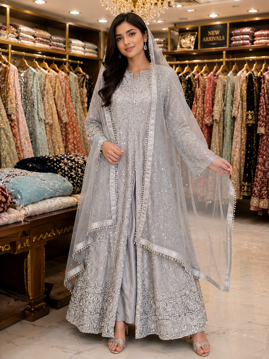 Elegant Silver Grey Embroidered Pakistani Wedding Formal Dress for Women | Luxury Net Maxi with Dupatta | Party Wear Eid Collection