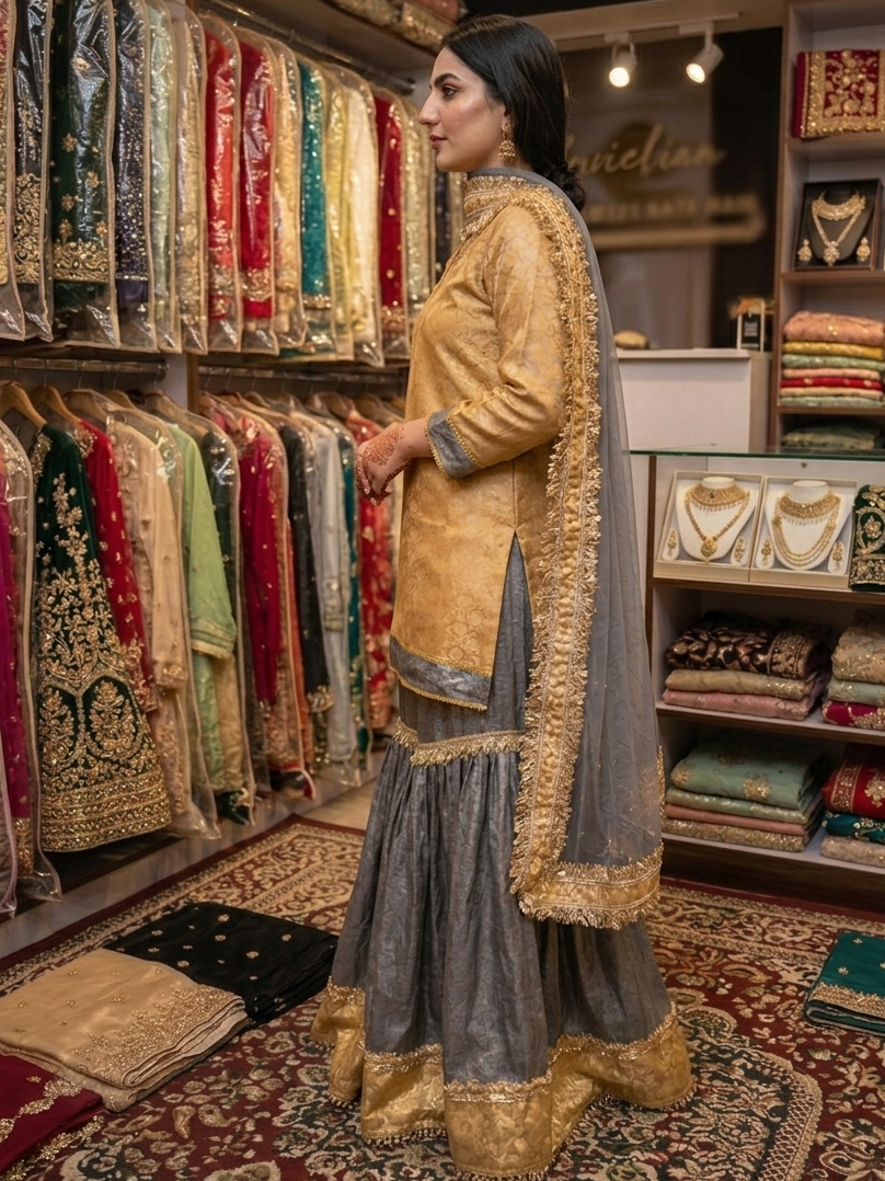 Stunning Ethnic Glamour: Beautiful Mustard Silk Kurti with Metallic Grey Gharara and Sheer Net Dupatta