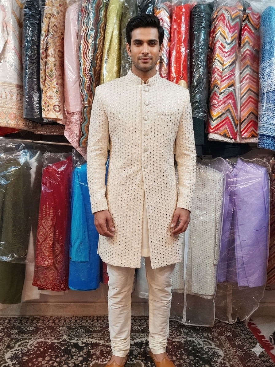 Elegant Ivory Mirror Work Sherwani for Men – Luxury Designer Wedding & Festive Ethnic Wear