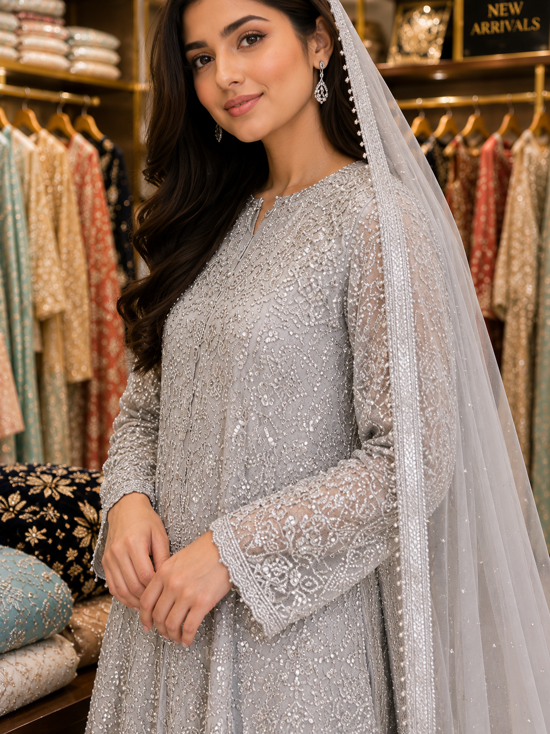 Elegant Silver Grey Embroidered Pakistani Wedding Formal Dress for Women | Luxury Net Maxi with Dupatta | Party Wear Eid Collection