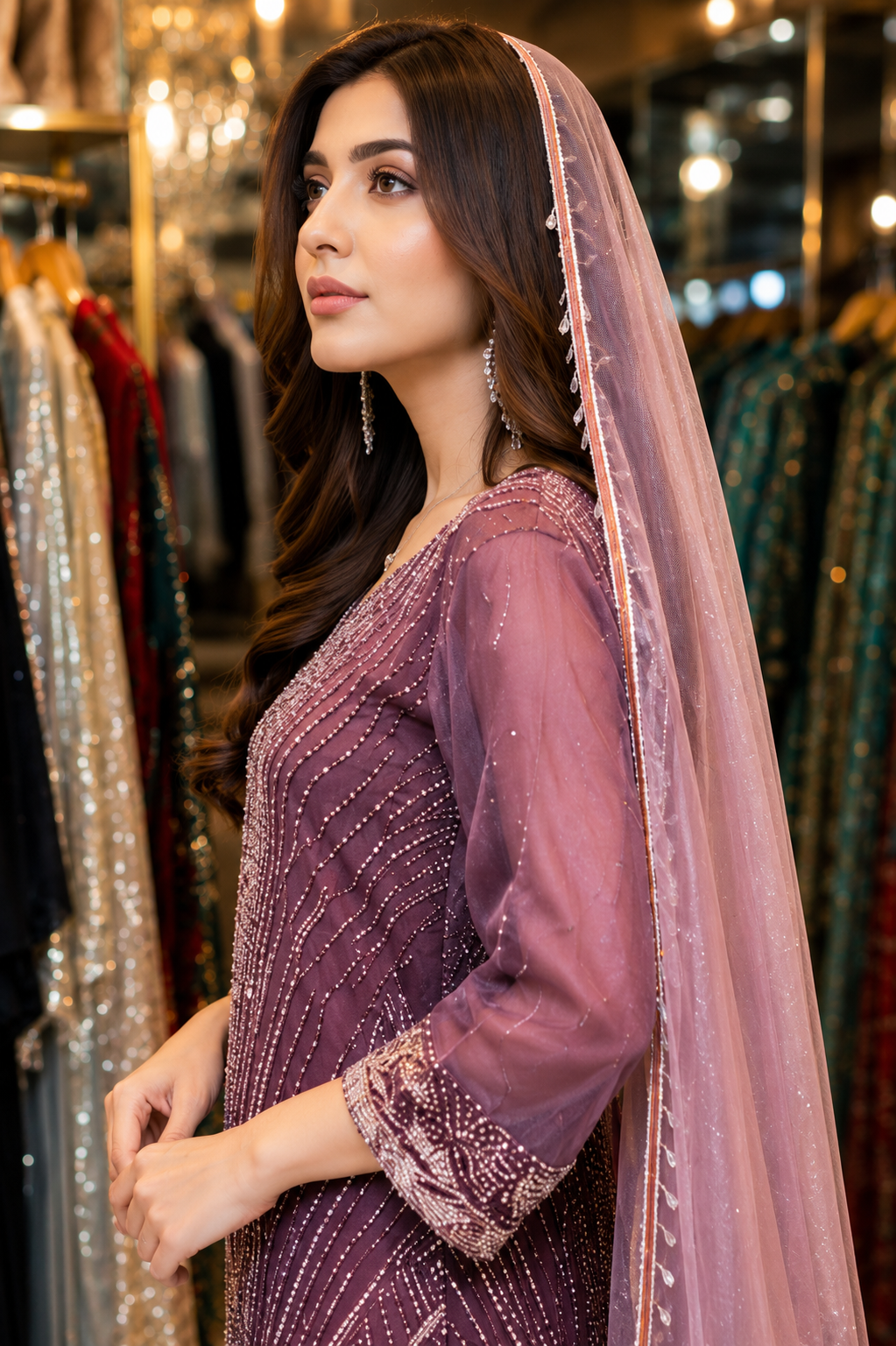 Dusty Violet Pakistani Style Embroidered Kurta Set with Wide-Leg Palazzo