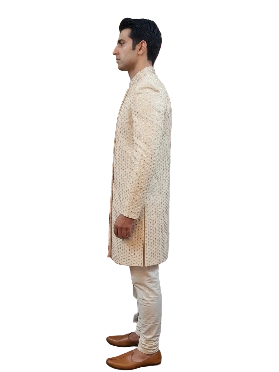 Elegant Ivory Mirror Work Sherwani for Men – Luxury Designer Wedding & Festive Ethnic Wear