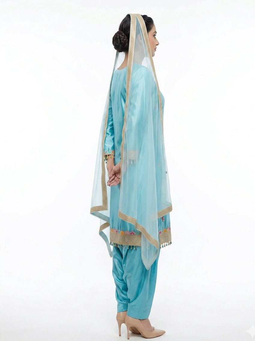 Blue Silk Patiala Salwar Suit Featuring Intricate Floral Resham & Zari Embroidery for Weddings and Festivals