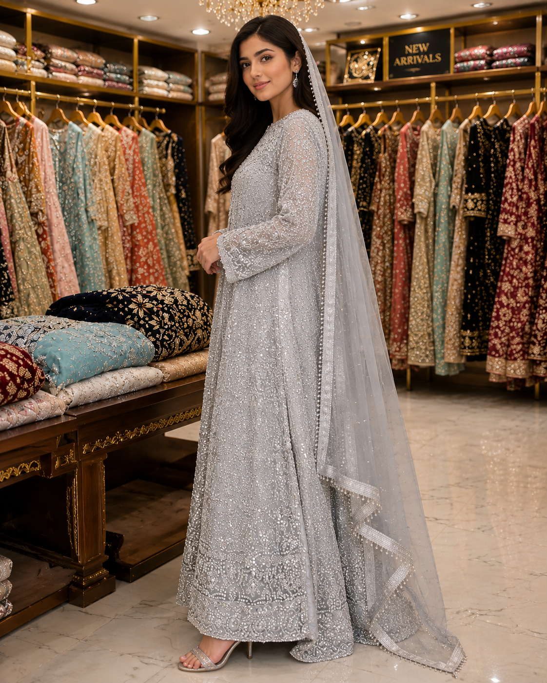 Elegant Silver Grey Embroidered Pakistani Wedding Formal Dress for Women | Luxury Net Maxi with Dupatta | Party Wear Eid Collection