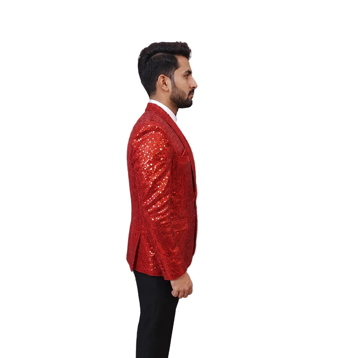 Royal Red Sequin Tuxedo Blazer for Men | Luxury Party Wear Wedding Reception & Stage Performance Coat with Black Satin Lapel