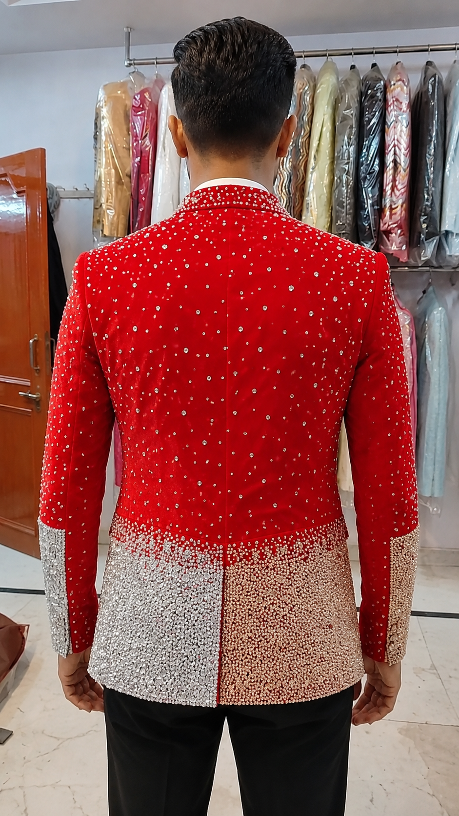 Luxury Red Crystal Embellished Designer Blazer for Men | Premium Wedding & Party Wear Tuxedo Jacket
