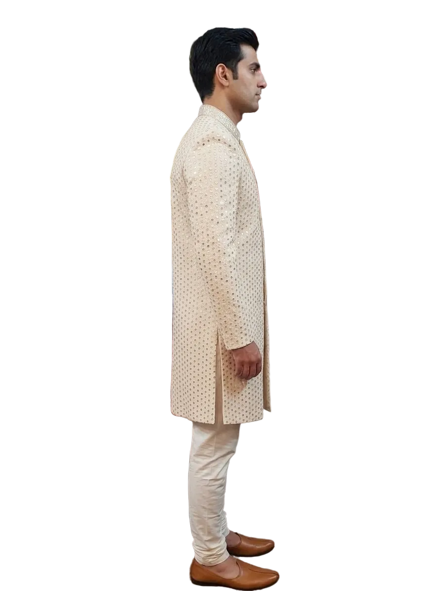 Elegant Ivory Mirror Work Sherwani for Men – Luxury Designer Wedding & Festive Ethnic Wear