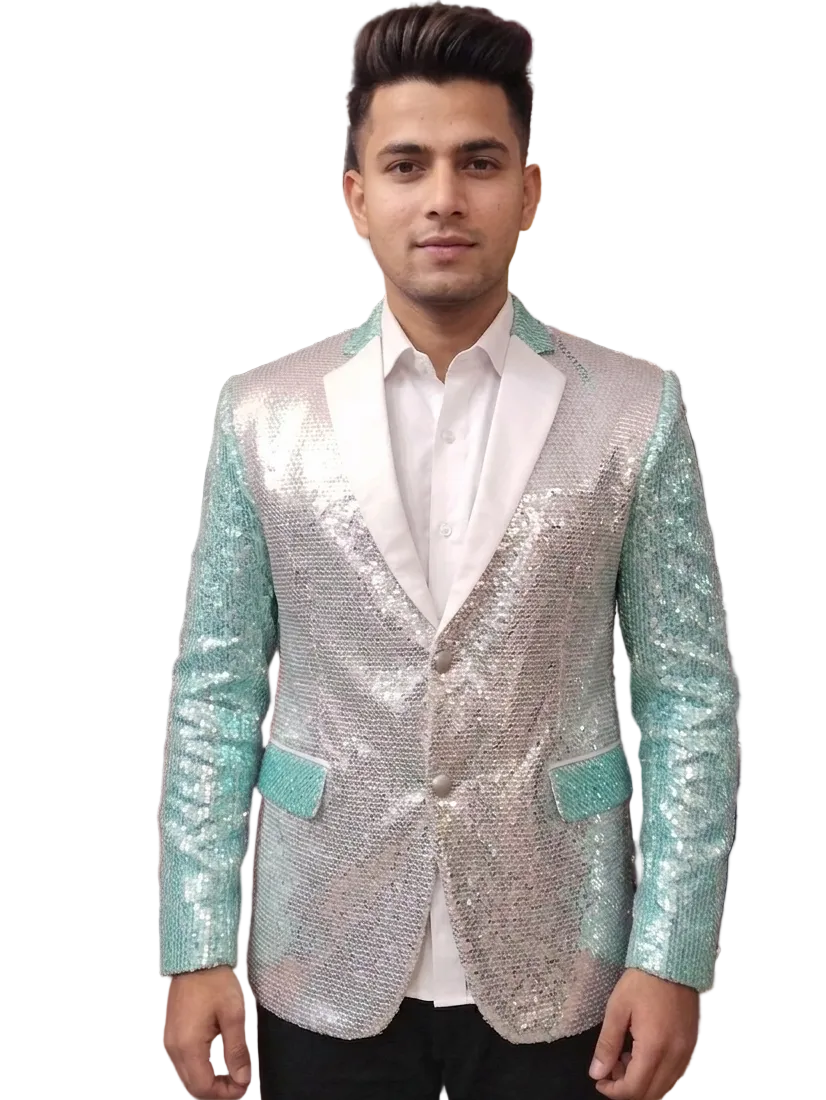 Silver & Mint Green Sequin Blazer – Trendy Party Wear for Men