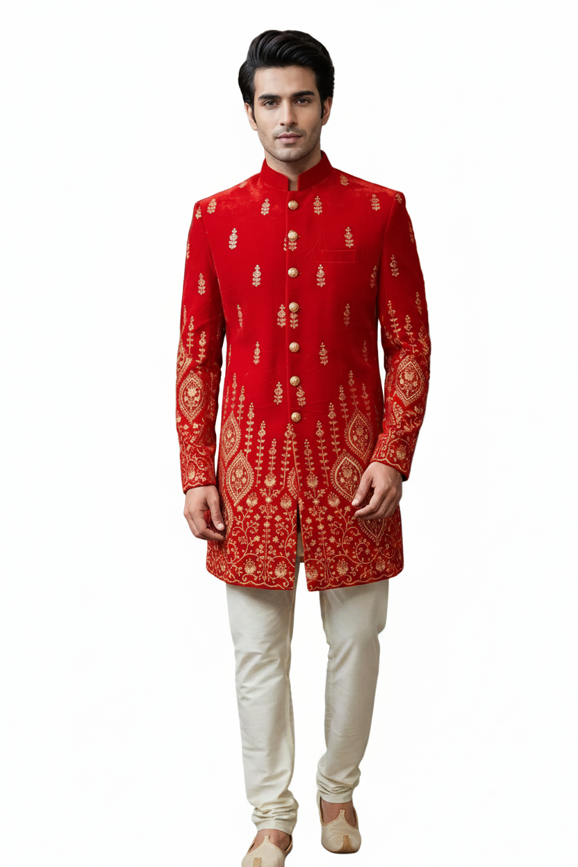 Royal Red Embroidered Sherwani for Men