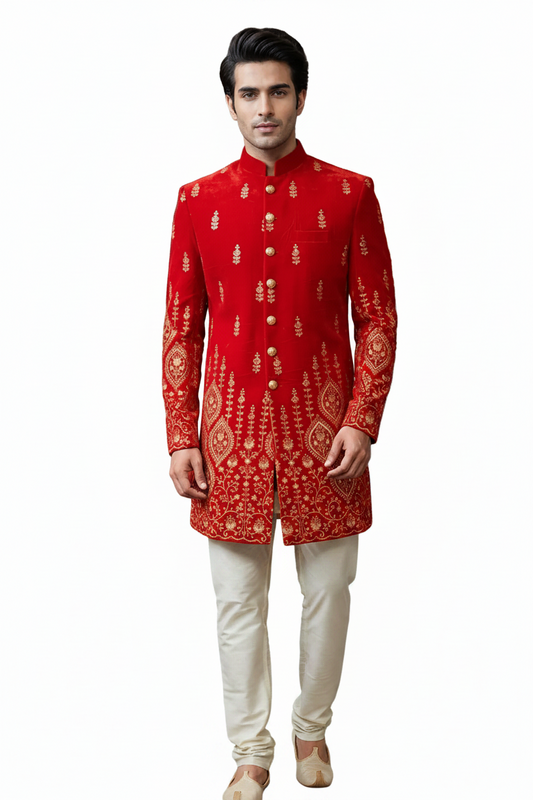 Royal Red Embroidered Sherwani for Men