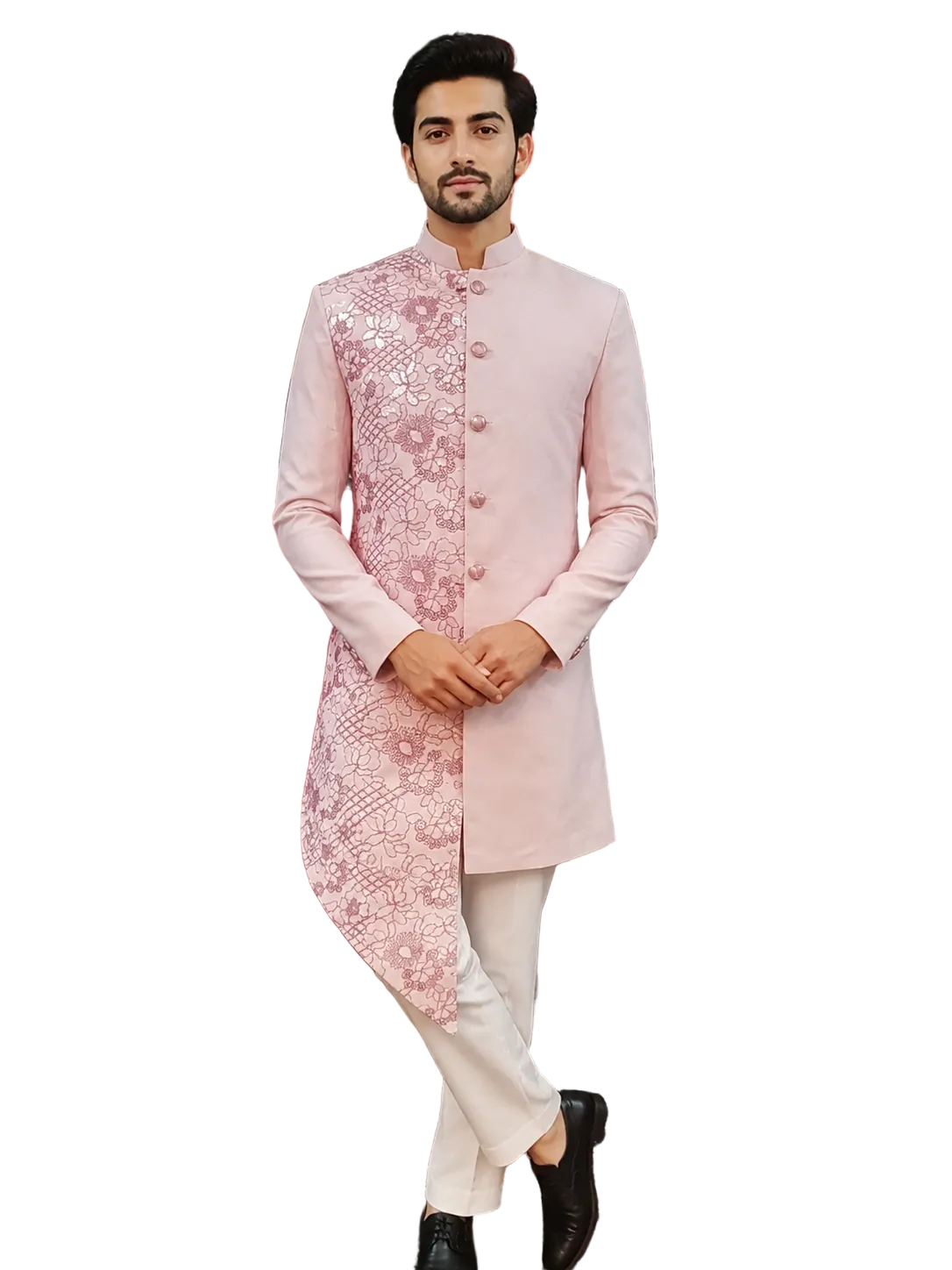 Elegant Blush Pink Embroidered Prince Coat Set