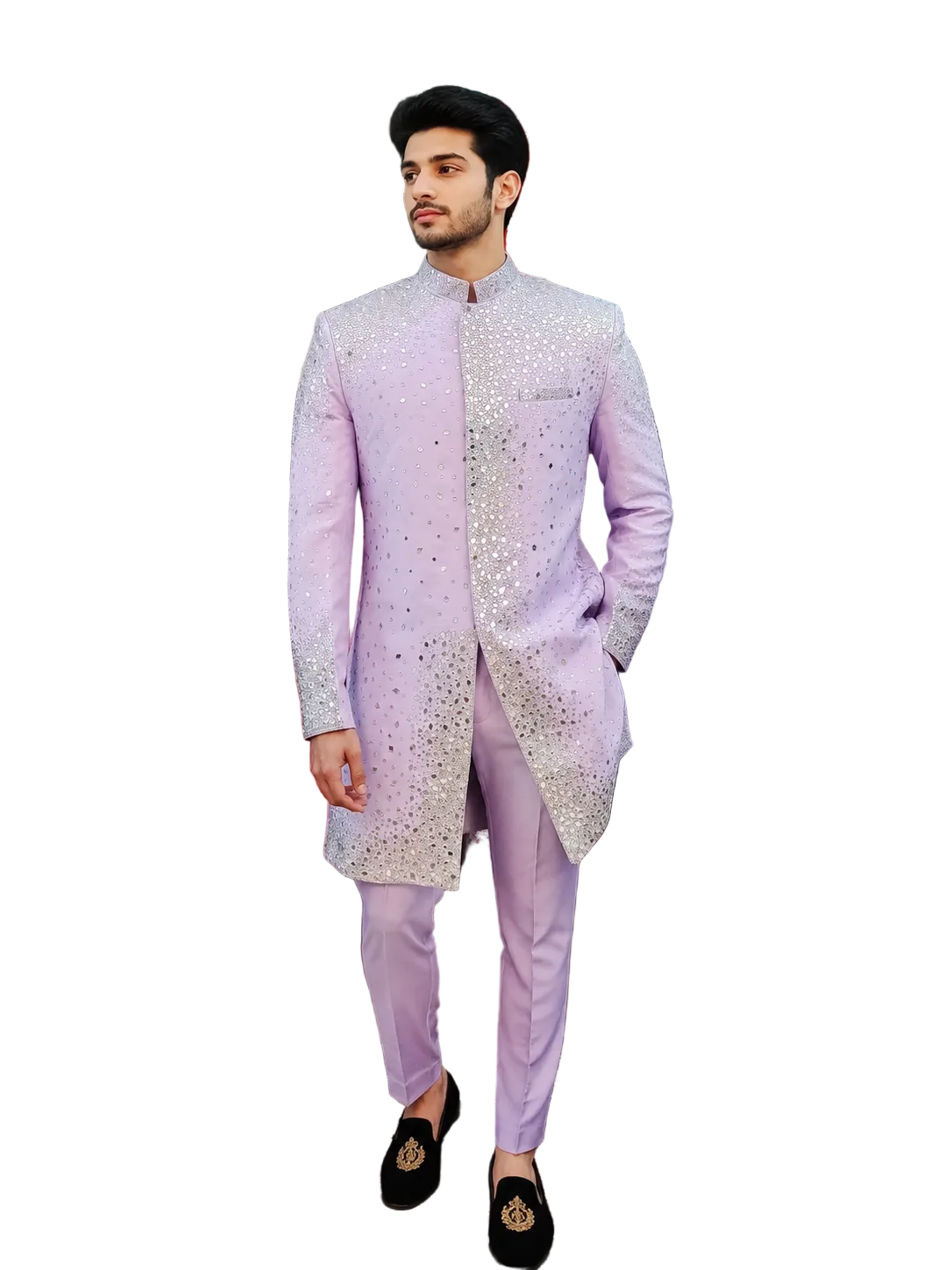 Luxury Lavender Mirror Work Sherwani for Men – Designer Wedding & Festive Ethnic Wear
