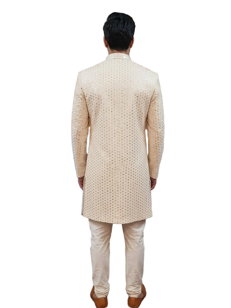 Elegant Ivory Mirror Work Sherwani for Men – Luxury Designer Wedding & Festive Ethnic Wear