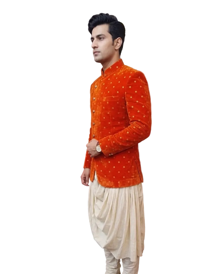 Royal Orange Indo-Western Sherwani with Dhoti for Men | Designer Wedding & Festive Ethnic Wear