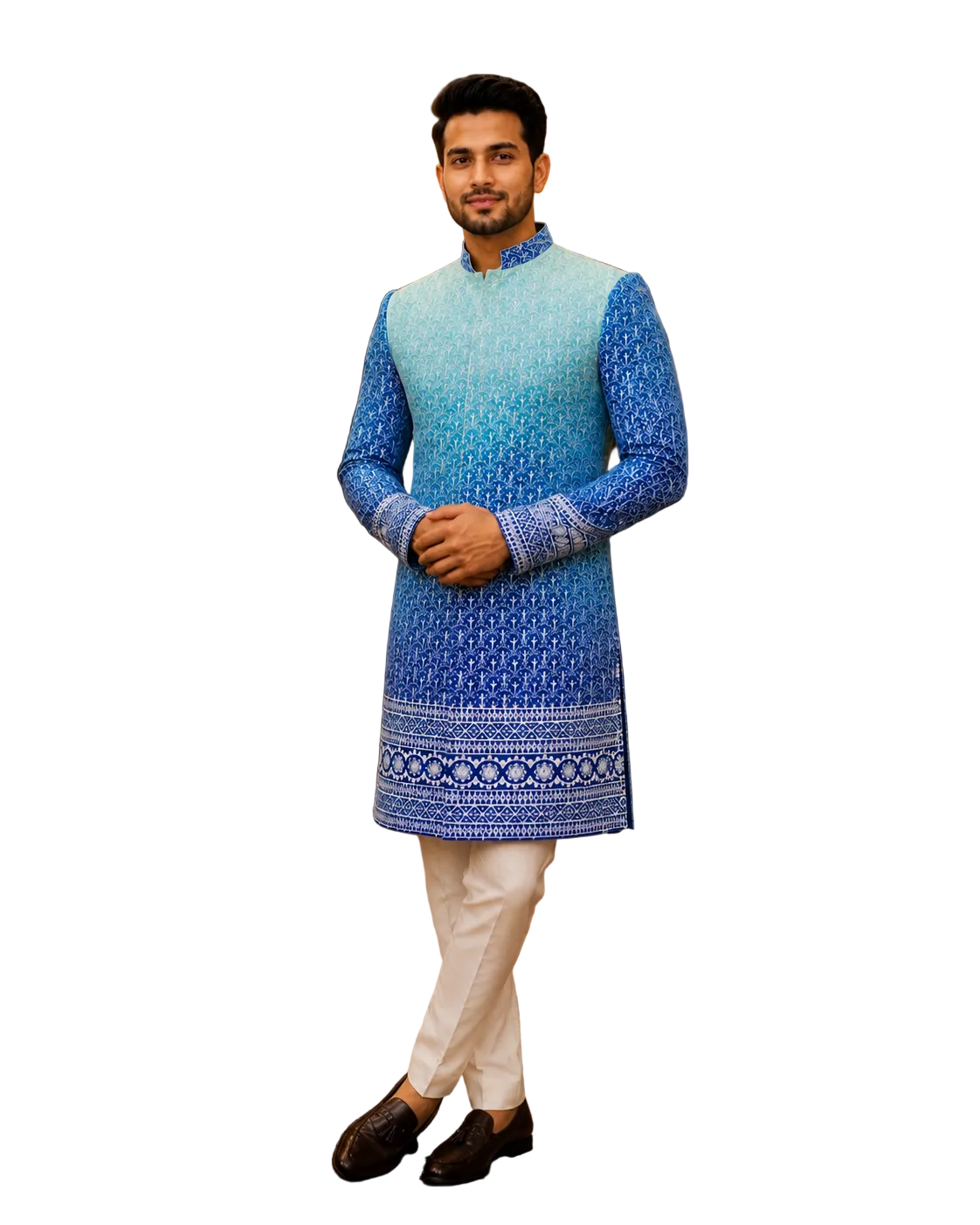 Man wearing a blue kurta with white pants in a clothing store with 'Sabrahad Enterprises' branding.
