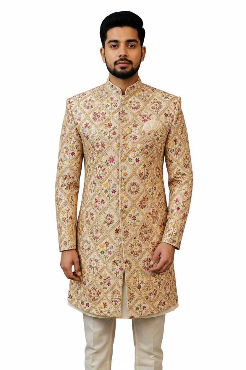 Luxury Cream Floral Embroidered Sherwani for Men – Designer Wedding & Festive Ethnic Wear