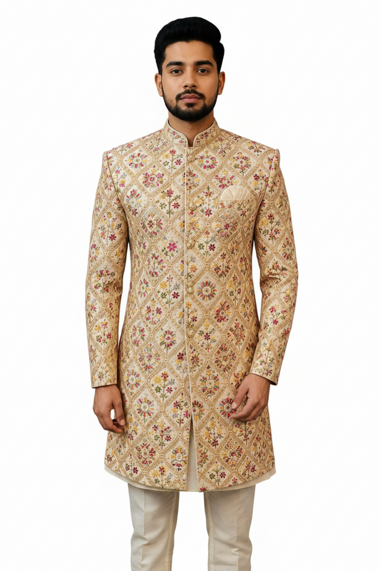 Luxury Cream Floral Embroidered Sherwani for Men – Designer Wedding & Festive Ethnic Wear