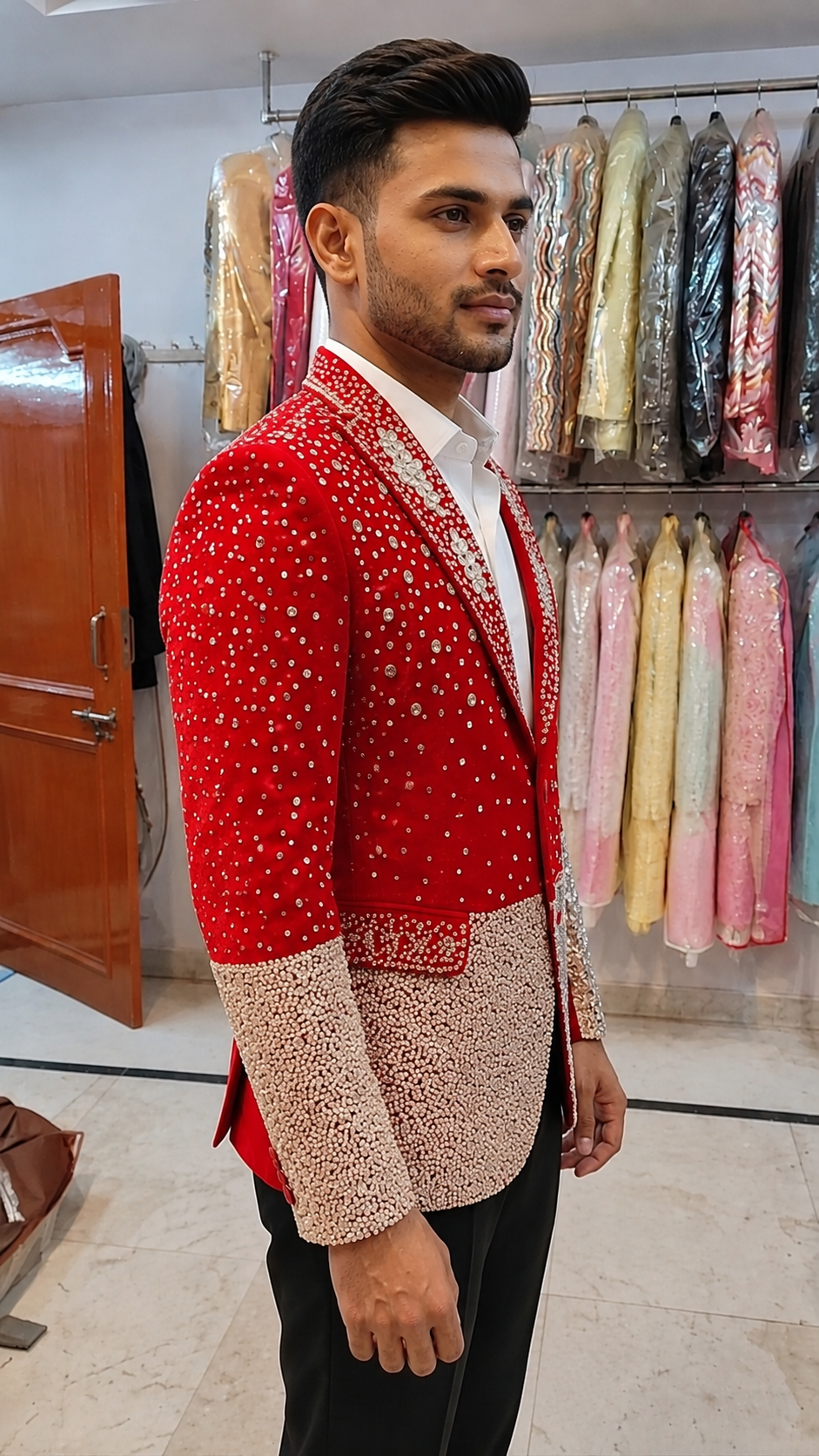 Luxury Red Crystal Embellished Designer Blazer for Men | Premium Wedding & Party Wear Tuxedo Jacket