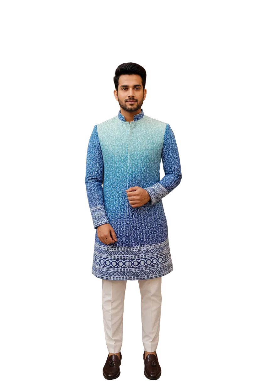 Man wearing a blue and green gradient kurta with white pants on a white background