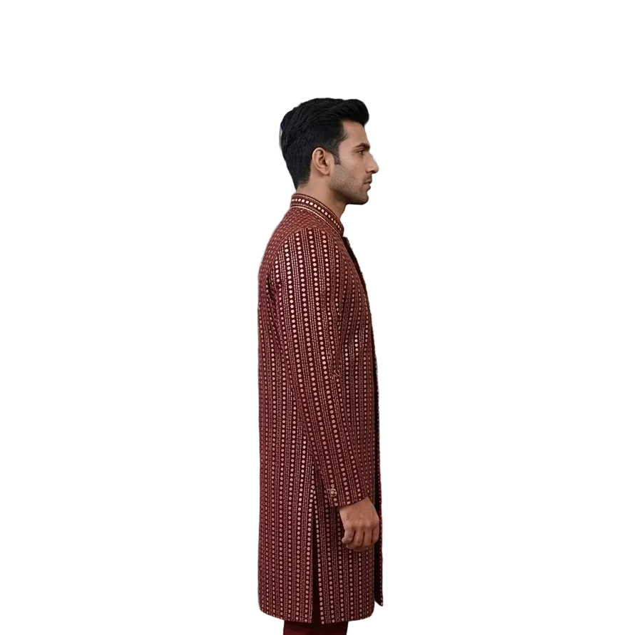 Maroon Mirror Work Sherwani – Designer Wedding Wear for Men