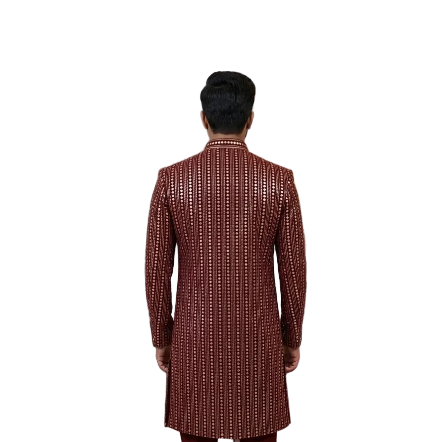 Maroon Mirror Work Sherwani – Designer Wedding Wear for Men