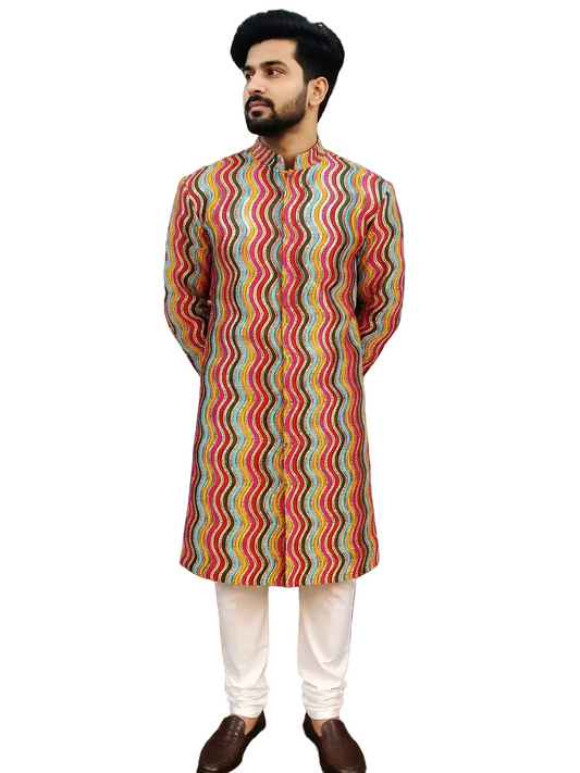 Designer Multicolor Wavy Pattern Sherwani for Men – Trendy Wedding & Festive Ethnic Wear